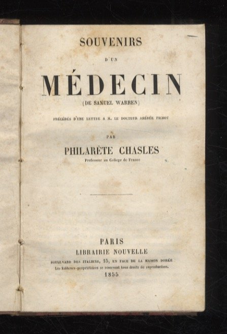 Souvenirs d'un médicin (de Samuel Warren), précédés d'uue lettre a …