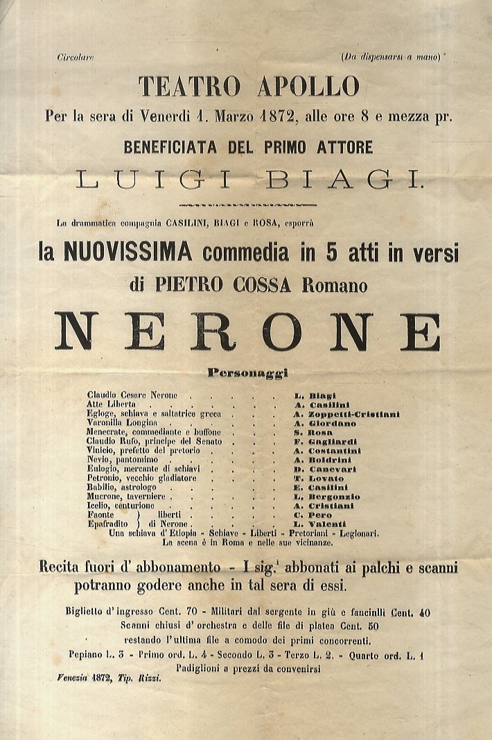 TEATRO Apollo. per la sera di venerdi 1 marzo 1872, …