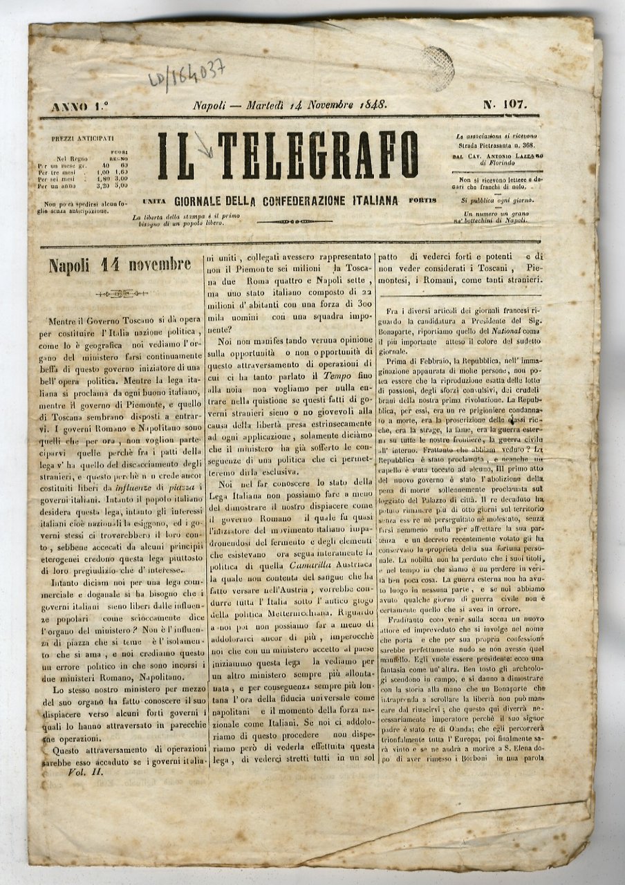 TELEGRAFO (IL). Giornale della Confederazione Italiana. Anno 1°, n. 1907. …