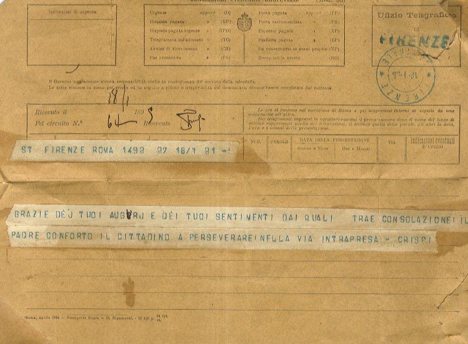 Telegramma inviato al senatore Piero Puccioni, Firenze, timbro postale del … | Immagine principale