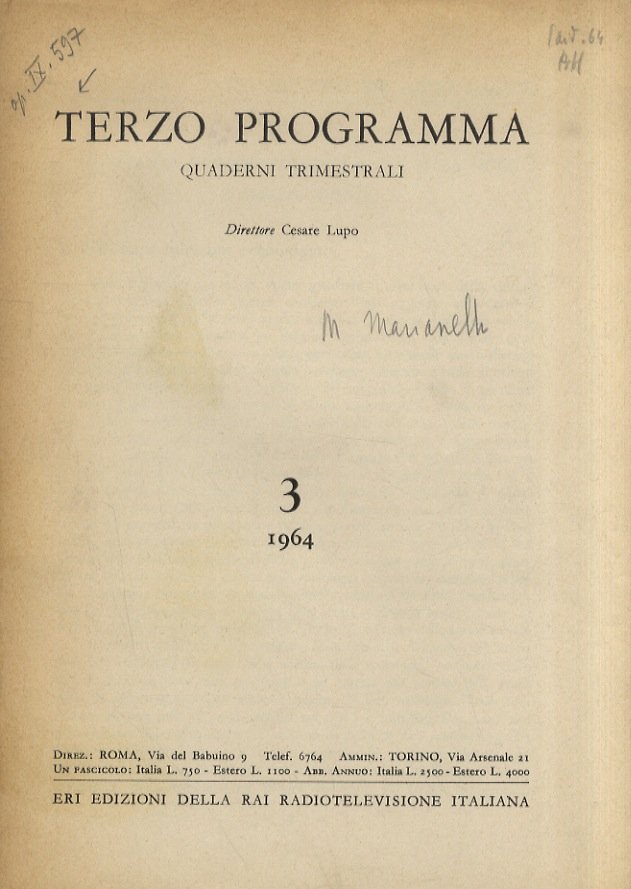Terzo programma. Quaderni trimestrali. N. 3. 1964. Direttore Cesare Lupo. | Immagine principale