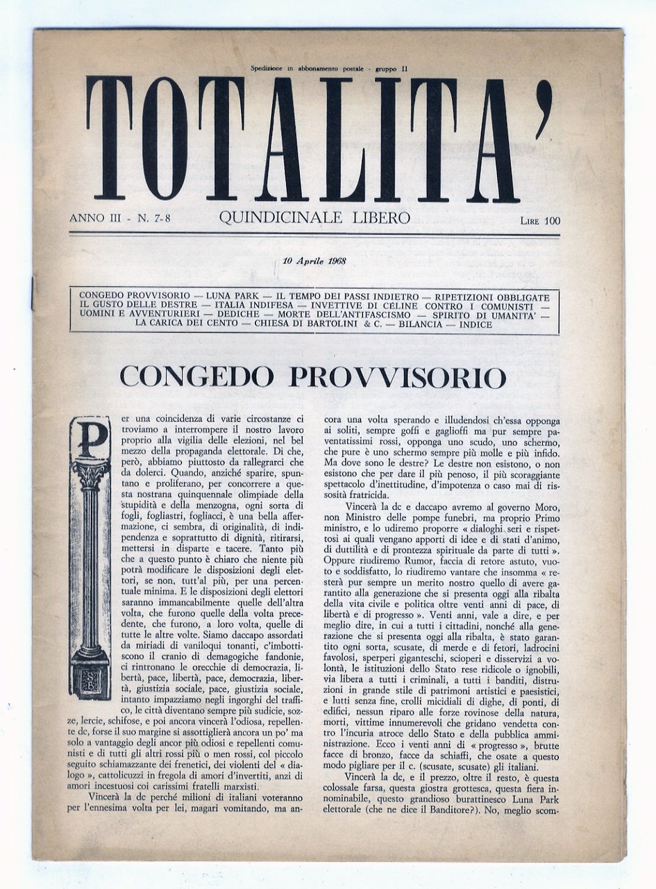TOTALITÀ. Quindicinale libero. Anno III. N 7-8. 10 aprile 1968.