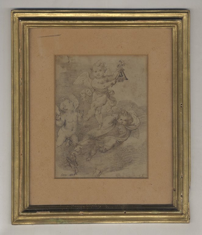 Tre putti alati volanti, uno dei quali suona un triangolo …