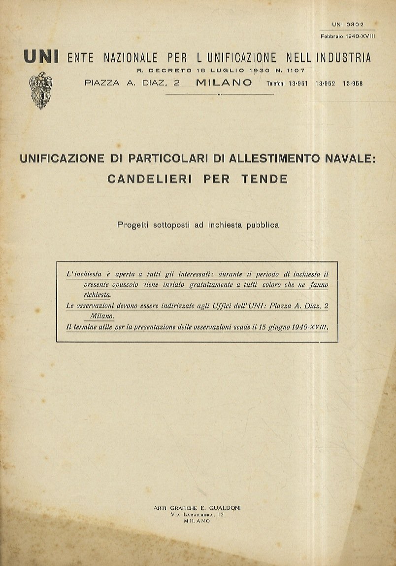 Unificazione di particolari di allestimento navale: candelieri per tende. Progetti …