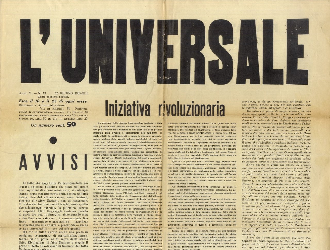 UNIVERSALE (L'). [Direttore Romano Bilenchi]. Anno V, 1935: fascicolo n. …