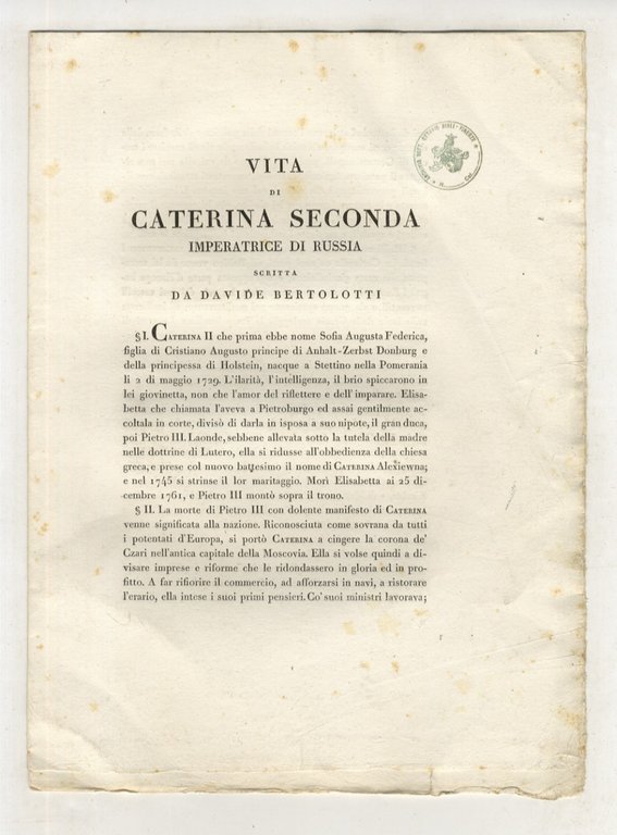 Vita di Caterina Seconda Imperatrice di Russia.