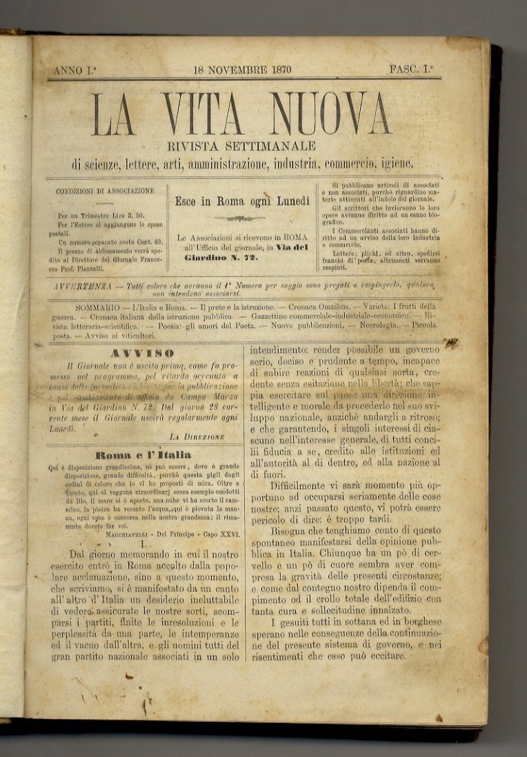 VITA (LA) nuova. Rivista settimanale di scienze, lettere, arti, amministrazione, …