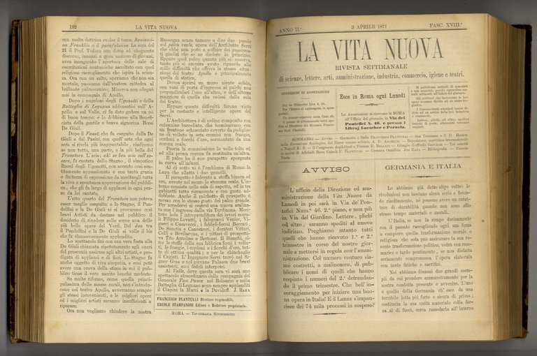 VITA (LA) nuova. Rivista settimanale di scienze, lettere, arti, amministrazione, …
