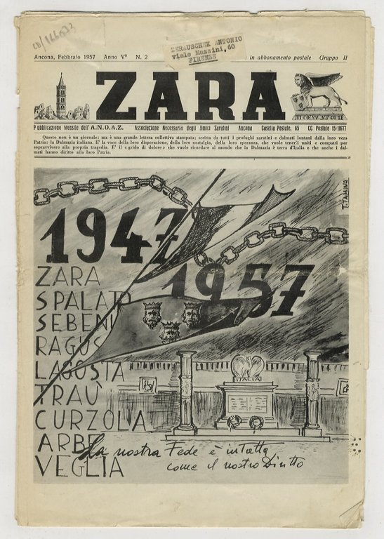 ZARA. Pubblicazione mensile dell'Associazione Necessaria degli Amici Zaratini. Anno V. N. 2. Febbraio 1957.