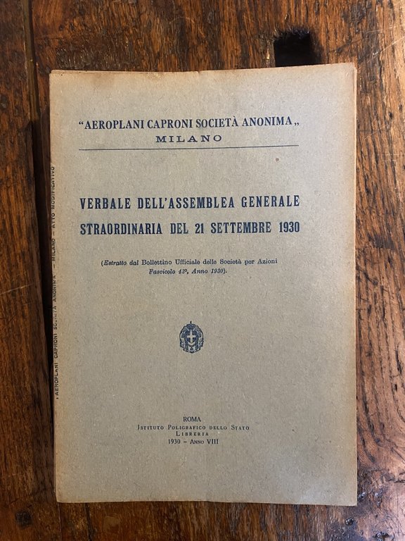 Aeroplani Caproni Verbale dell'assemblea del 21 settembre 1930 Roma 1930
