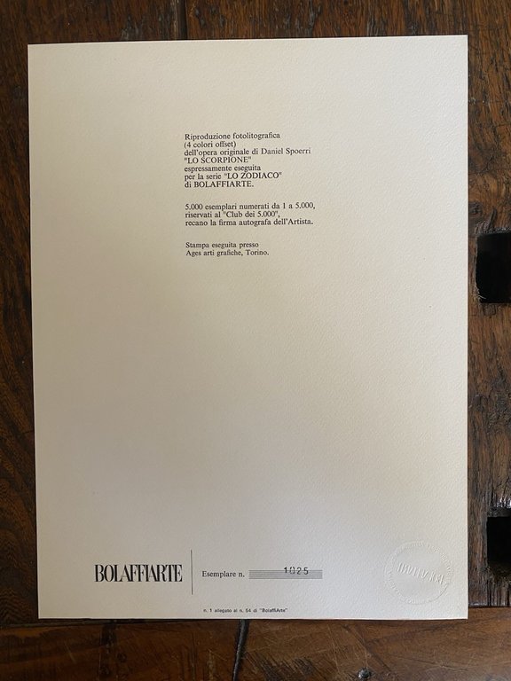 Autografato Spoerri Daniel Fotolitografia Bolaffi Arte 1975