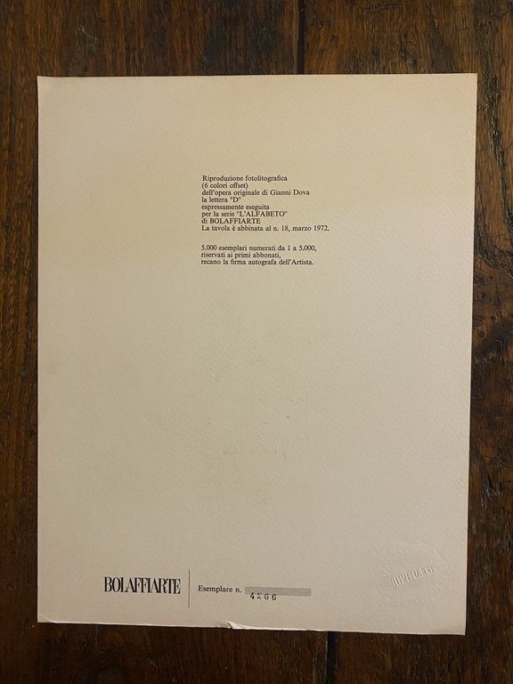 Autografato Dova Gianni Fotolitografia Bolaffi Arte 1972