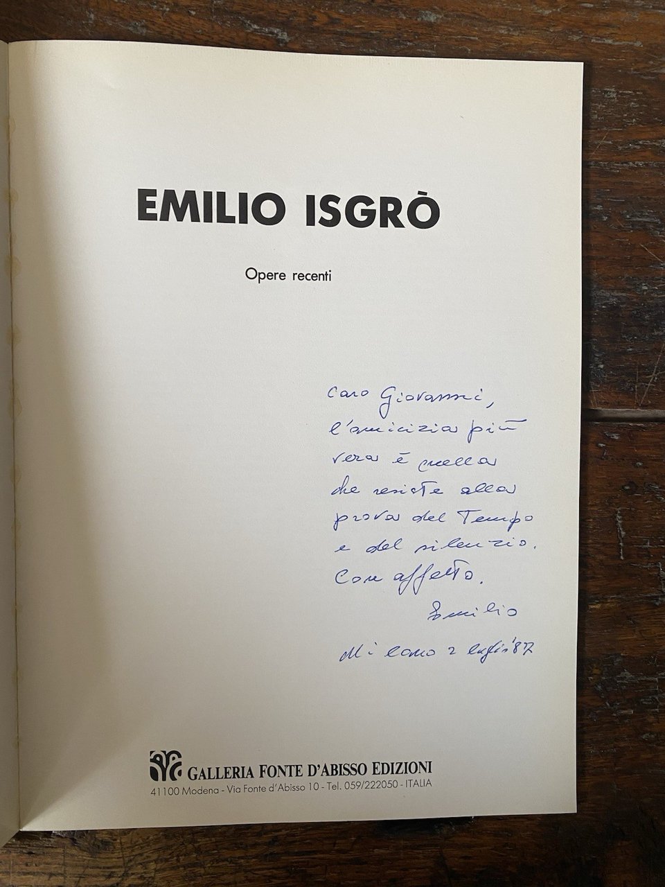 Autografato Isgrò Emilio Opere recenti Modena Galleria Fonte d'Abisso 1987