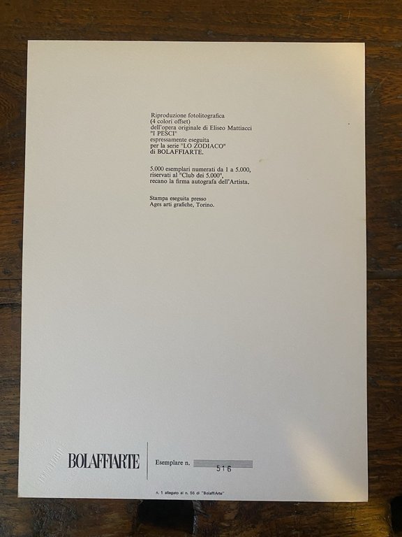 Autografato Mattiacci Eliseo Riproduzione fotolitografica Bolaffi Arte 1976