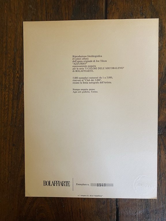 Autografato Tilson Joe Fotolitografia Bolaffi Arte 1977