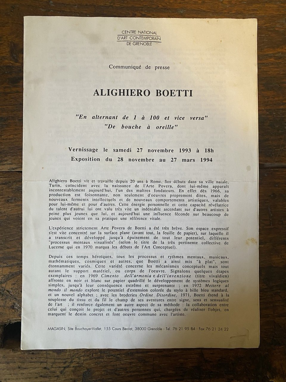 Boetti Alighiero Communiqué de presse Grenoble Centre National d'Art