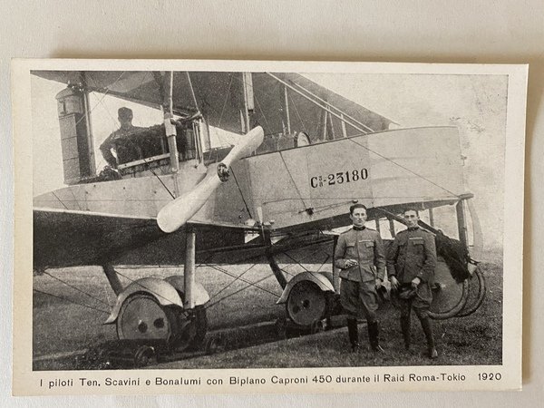 Cartolina I piloti Ten. Scavini e Bonalumi con biplano Caproni …