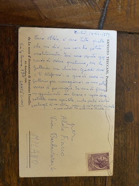 Cartolina postale manoscritta datata e firmata 14 dic. 1959