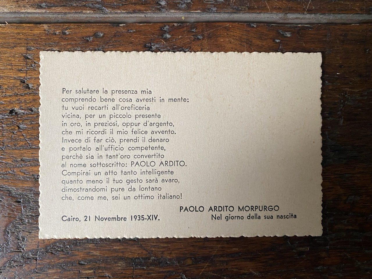 Morpurgo Nelson Biglietto 9 x 14 cm. per la nascita …