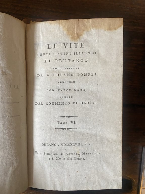 Plutarco Le vite degli uomini illustri Milano Mainardi 1798