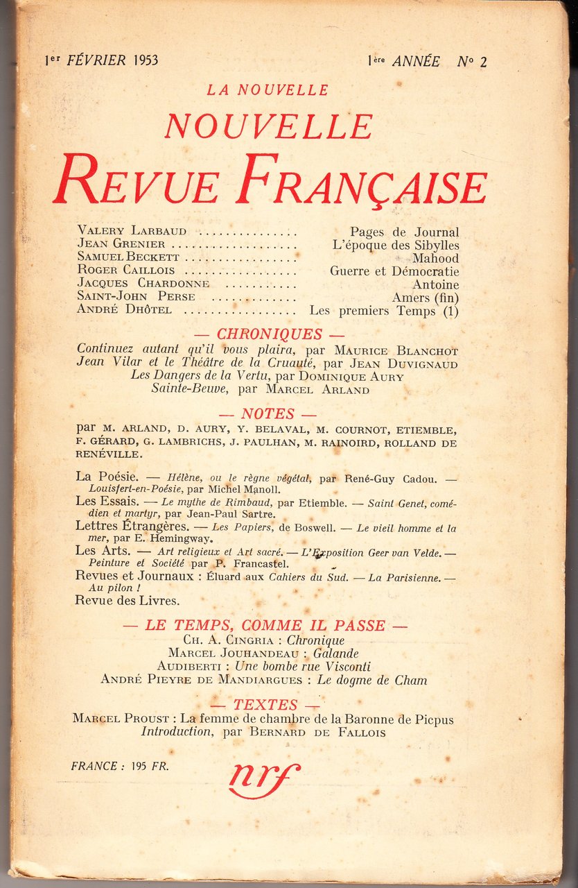 La Nouvelle Revue Francaise. 1er Fevrier 1953. 1ere Annee n.2