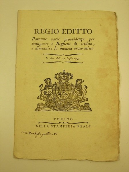 REGIO EDITTO portante varie provvidenze per estinguere i Biglietti di … | Immagine principale