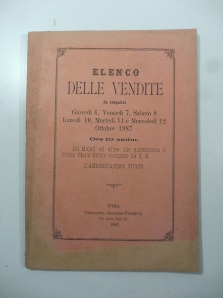 Elenco delle vendite da eseguirsi. ottobre 1887. dei mobili ed …
