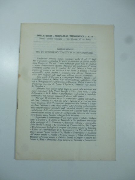 Bollettino "Sodalitas Thomistica" n. 9. Osservazioni sul VII Congresso Tomistico …