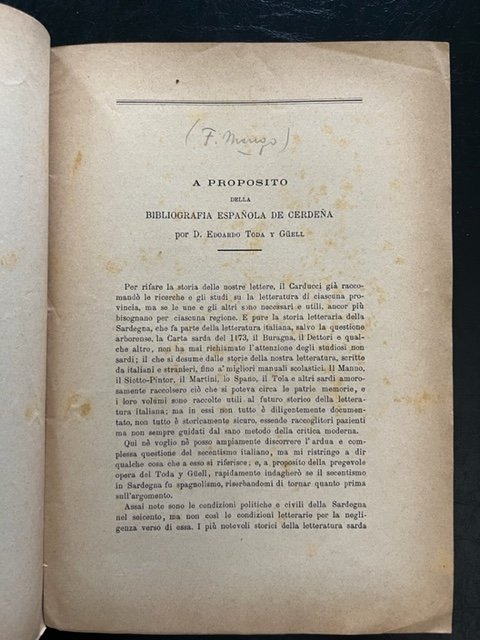 A proposito della Bibliografia espanola de Cerdena por D. Edoardo …