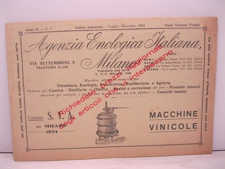Agenzia enologica italiana, Milano, anno IX, n. 2, listino semestrale, …