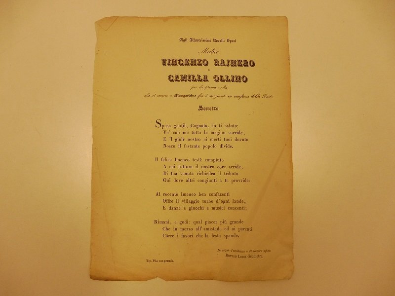 Agli illustrissimi novelli sposi medico Vincenzo Rajnero e Camilla Ollino …