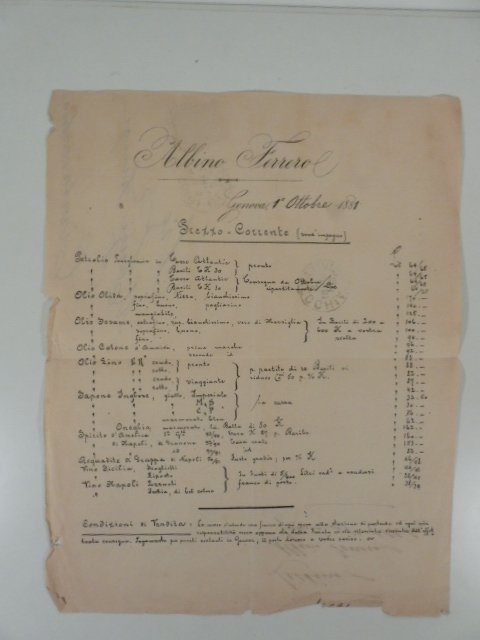 Albino Ferrero, Genova 1 ottobre 1881. Prezzo corrente
