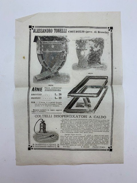 Alessandro Tonelli, Coccaglio (prov. di Brescia). Foglietto pubblicitario vendita arnie