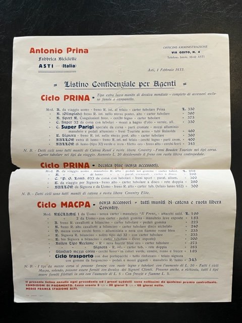 Antonio Prina. Fabbrica biciclette, Asti. Listino confidenziale per agenti, 1 Febbraio 1933