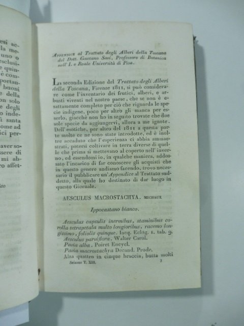 Appendice al trattato degli alberi della Toscana del D. G. Savi. (Segue): Continuazione dell'Appendice. (Segue): Fine.(Stralcio da: Nuovo giornale de' letterati. N. 28. N. 30. N. 33. N. 37 1826 - 1827 - 1828)