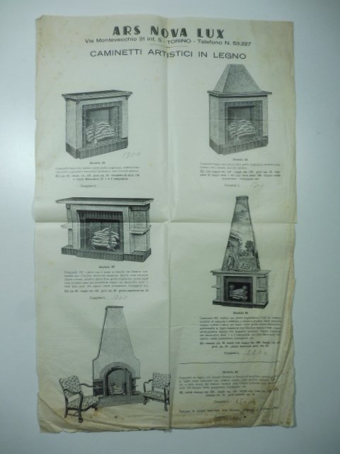 Ars Nova Lux. Caminetti artistici in legno. Foglio pubblicitario