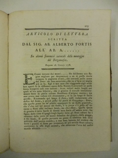 Articolo di lettera scritta dal sig. ab. Alberto Fortis all'ab. A. su alcuni fenomeni naturali delle montagne del Bergamasco. Bergamo 18 gennaio 1778
