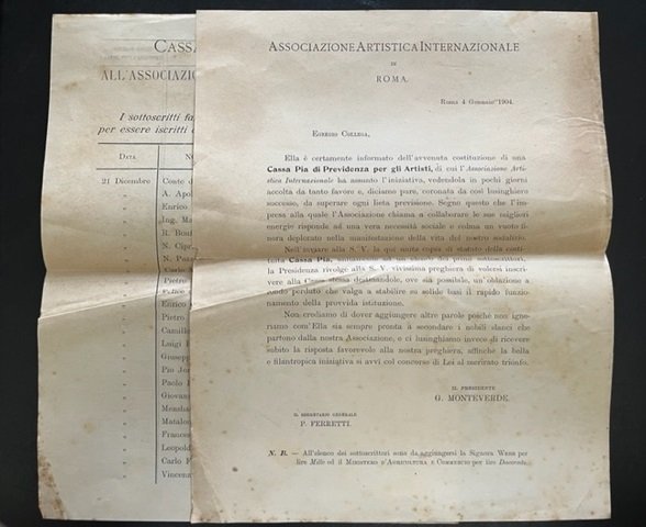 Associazione artistica internazionale di Roma. Cassa Pia di Previdenza (due …