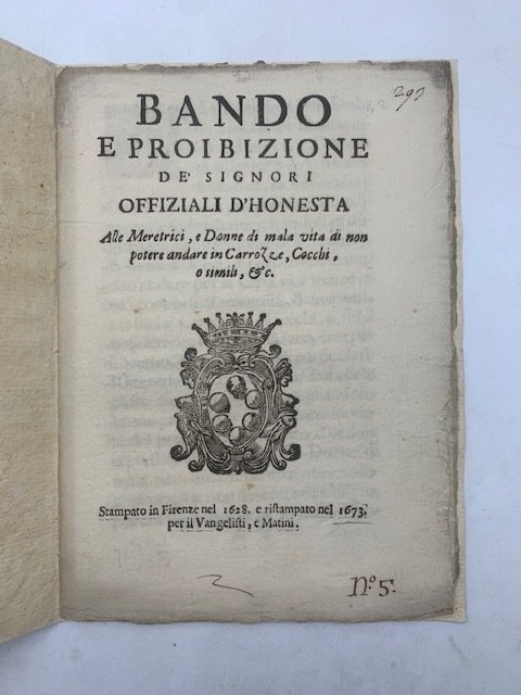 Bando e proibizione de' signori offiziali d'honesta alle meretrici e … | Immagine principale