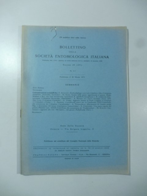 Bollettino della Societa' entomologica italiana, volume 105, n. 1-3, 1973