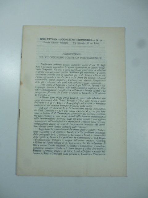 Bollettino "Sodalitas Thomistica" n. 9. Osservazioni sul VII Congresso Tomistico …
