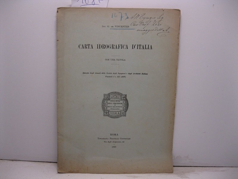 Carta idrografica d'Italia. Con una tavola. Estratto dagli Annali della …