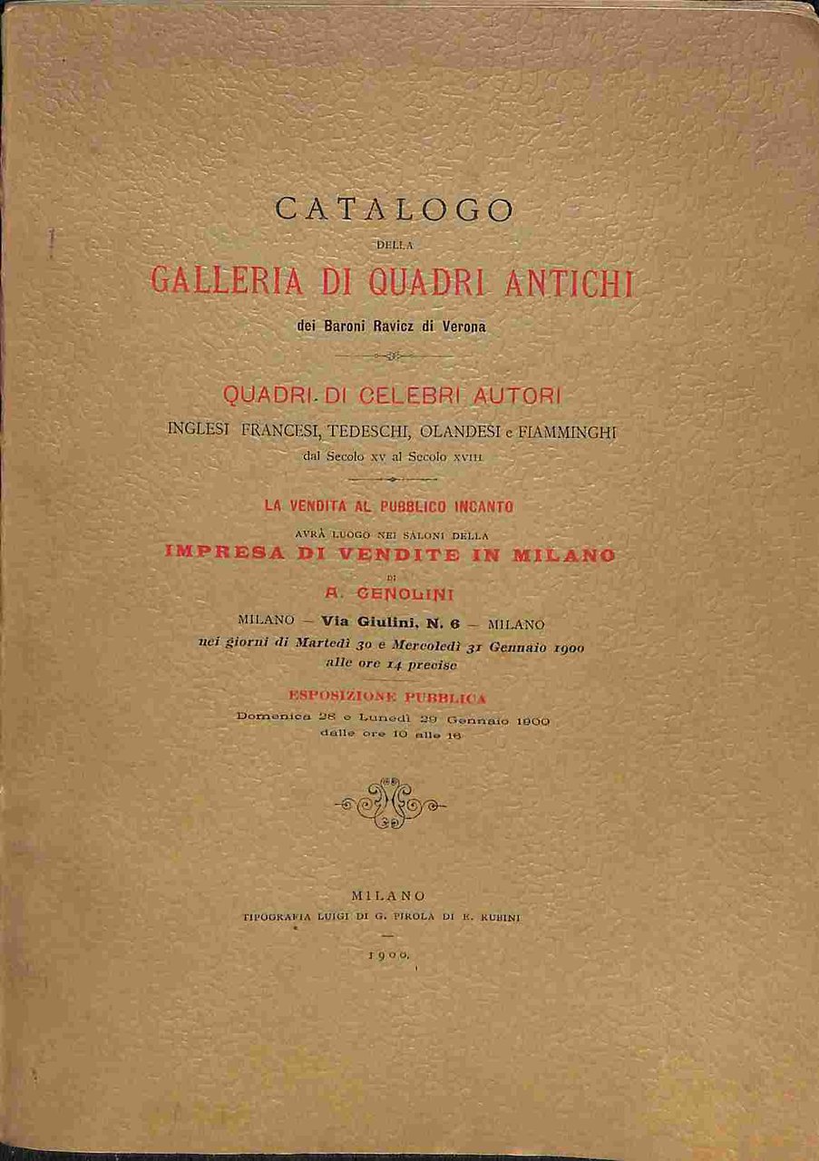 Catalogo della galleria di quadri antichi dei Baroni Ravicz di …