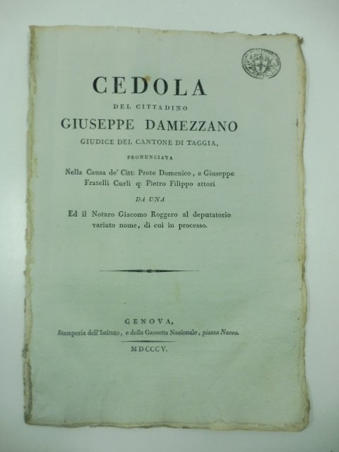 Cedola del cittadino Giuseppe Damezzano giudice del cantone di Taggia …