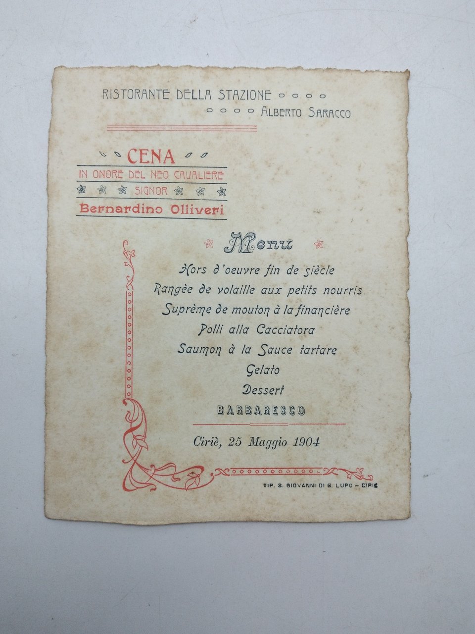 Cena in onore del Neo Cavaliere Signor Bernardino Olliveri. Menu'. …