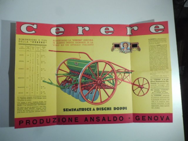 Cerere. Seminatrice a dischi doppi. Ansaldo macchine agricole. Pieghevole pubblicitario