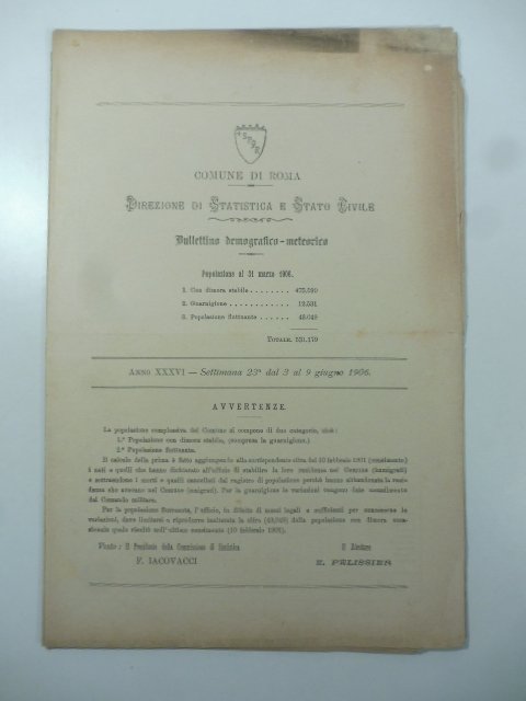 Comune di Roma. Direzione di statistica e stato civile. Bullettino …