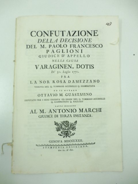 Confutazione della decisione del M. Paolo Francesco Paglioni giudice d'appello …