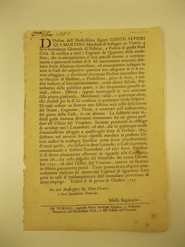 D'ordine dell'Illustrissimo Signor Conte Alfieri di S. Martino marchese di …