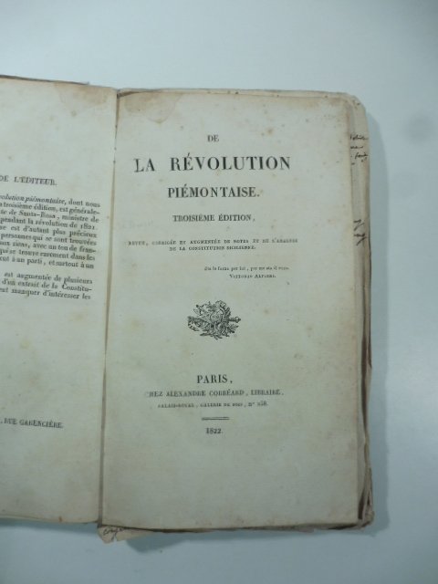 De la revolution piemontaise. Troisieme edition. Revue, corrigee et augmentee …